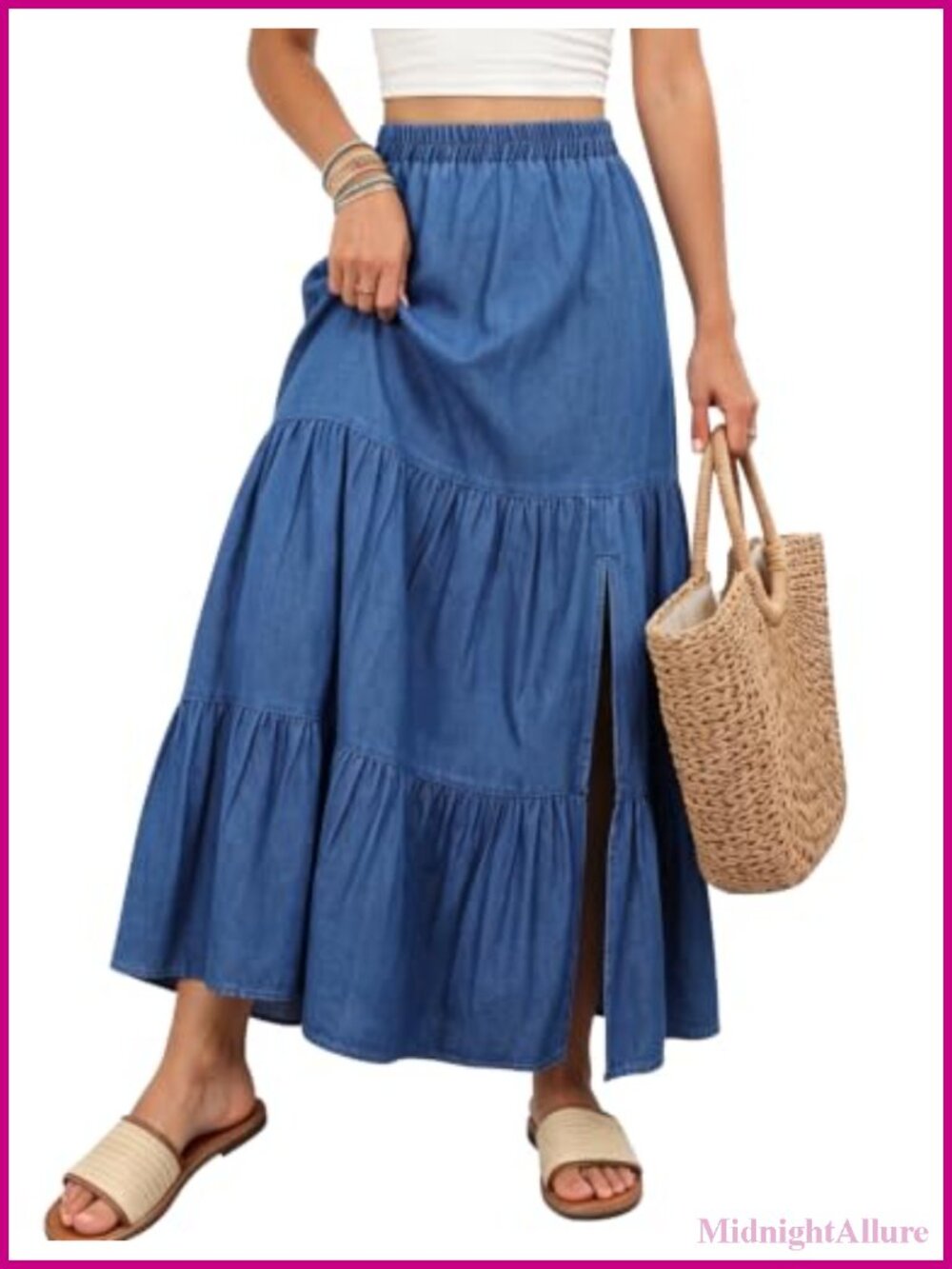 Women's Long Denim Maxi Skirt Flowy Boho Side Slit High Rise Stretchy Waistband